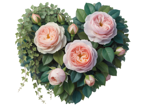 Heart shape arrangement of pink roses and green foliage
