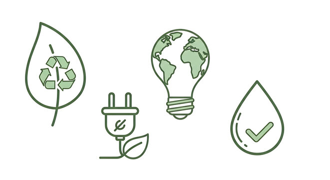 Essential eco-friendly line art icons representing global environmental protection, sustainable energy solutions, water conservation, and responsible recycling efforts