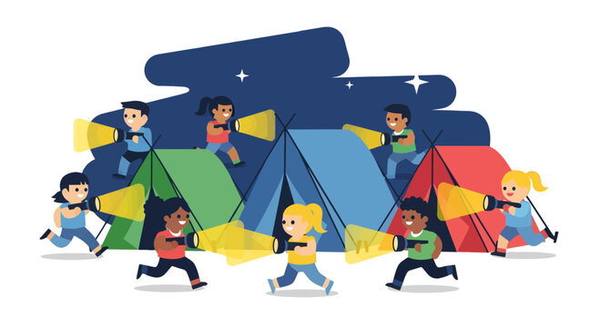 Children Exploring And Playing In The Evening, Camping In The Night With Flashlights