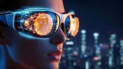 Futuristic vr glasses reflecting a digital eye and cityscape - Powered by Adobe