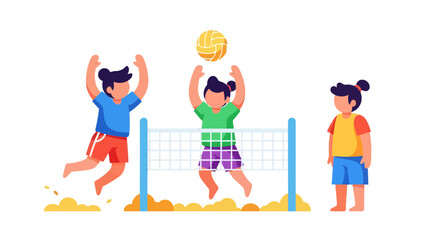 Naklejka premium Children Playing Beach Volleyball With Vibrant Colors Against a Black Backdrop Illustration