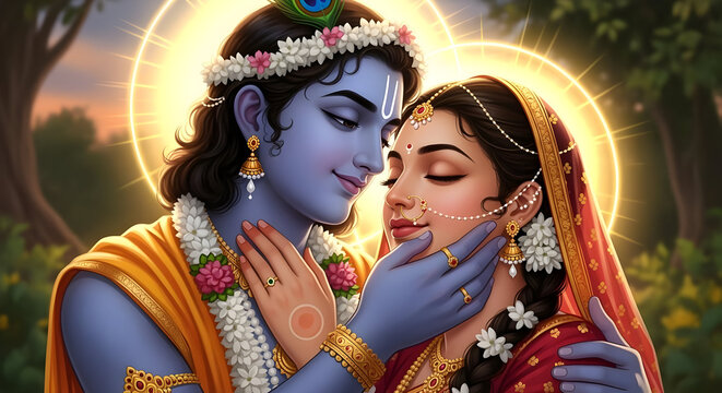 Divine Love: Lord Krishna and Radha in Serene Embrace