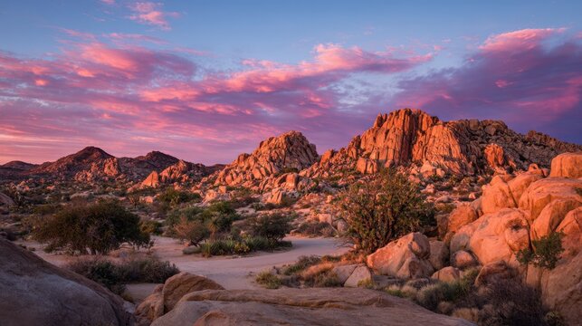 The sun sets over the rugged landscape of Joshua Tree National Park casting warm hues on the rocks. Clouds reflect beautiful shades in the evening sky creating a tranquil scene. - Powered by Adobe