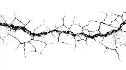 A dry and cracked earth pattern stretches across a barren surface highlighting the effects of drought. The landscape appears parched with visible fissures and sharp lines.