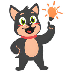 Happy cartoon cat character pointing to a bright lightbulb idea