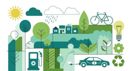 Ecofriendly lifestyle illustration with renewable energy, green transportation, and sustainable living concepts