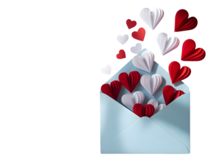 Light blue envelope overflowing with red and white paper hearts