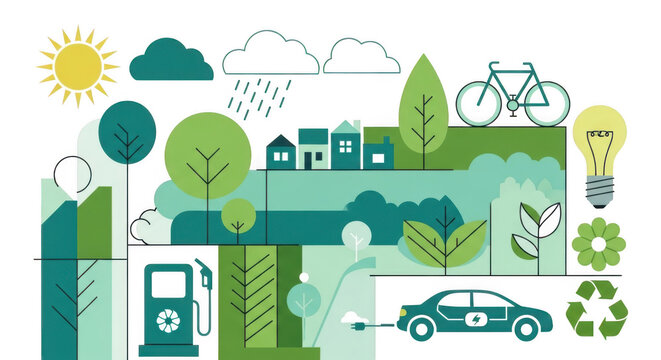 Ecofriendly lifestyle illustration with renewable energy, green transportation, and sustainable living concepts - Powered by Adobe