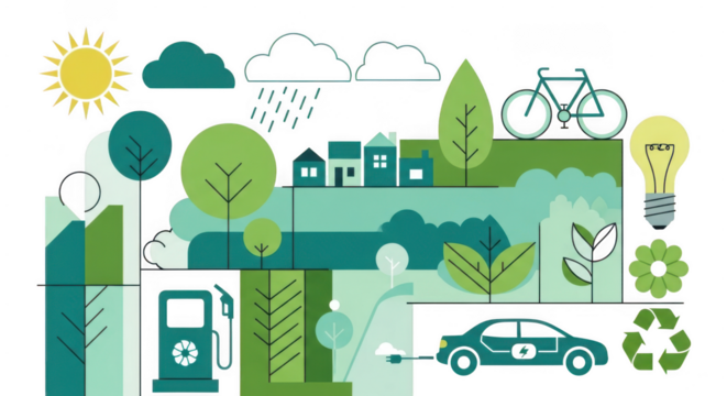 Ecofriendly lifestyle illustration with renewable energy, green transportation, and sustainable living concepts