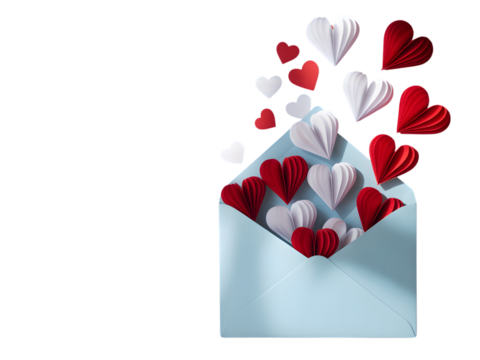 Light blue envelope overflowing with red and white paper hearts - Powered by Adobe