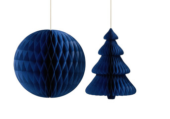 Two dark blue honeycomb paper decorations, a sphere and a christmas tree, isolated on transparent background