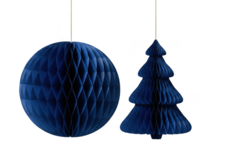 Two dark blue honeycomb paper decorations, a sphere and a christmas tree, isolated on transparent background