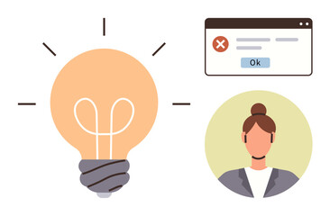 Light bulb symbolizing creativity, popup error message suggesting a challenge, and avatar for collaboration. Ideal for innovation, business solution, problem-solving, teamwork, technology, strategy