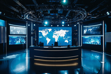 Fototapeta premium Modern studio with world map display and multiple screens set for news broadcasting.