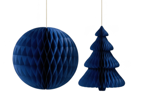 Two dark blue honeycomb paper decorations, a sphere and a christmas tree, isolated on transparent background