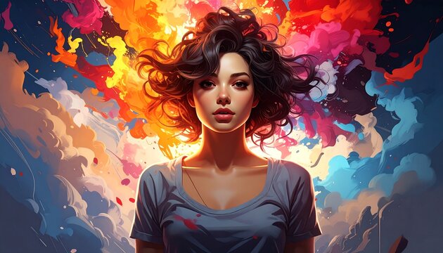Portrait of a woman with dark, curly hair against a swirling backdrop of vivid colors in a bright, vibrant painting - Powered by Adobe