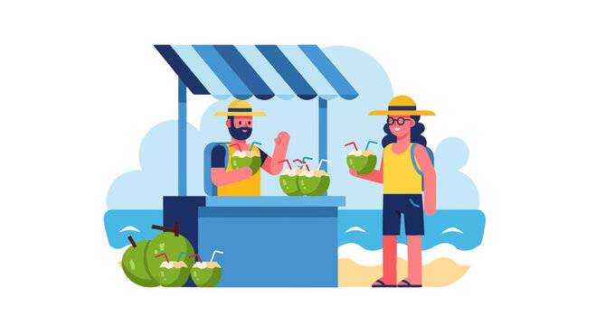Coastal Coconut Vendor: Beachside Refreshments and Tropical Relaxation Illustrated Scene