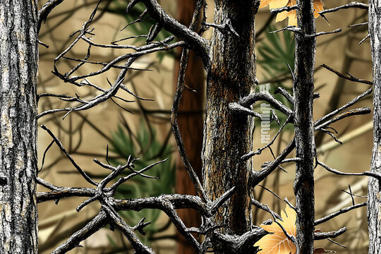Recreate the classic camouflage pattern of tree trunk and branches, with pine leaves, pine cones, or other forest elements for realism.