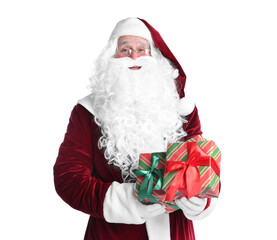 Santa Claus with Christmas gifts on white background