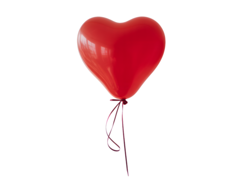A single red heartshaped balloon tied with a ribbon, isolated on a transparent background