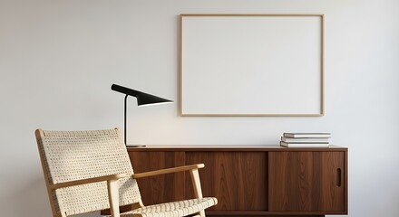 Interior design featuring woven chair console table lamp and blank frame