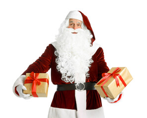 Santa Claus with Christmas gifts on white background