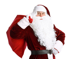 Santa Claus with red bag of Christmas gifts on white background