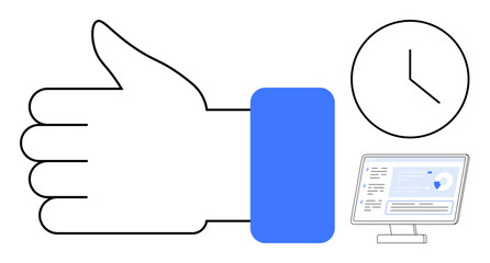 Hand gesture indicating approval, analog clock, and desktop screen with interface design. Ideal for productivity, time management, teamwork, success, technology workflow motivation. Simple flat