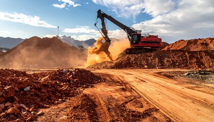 Red excavator working, digging into earth. Large piles of dirt and dust against blue sky with white clouds