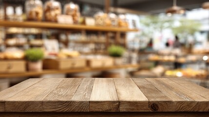 A rustic wooden table stands prominently in a warm cafe. In the background shelves filled with pastries and customers create a welcoming atmosphere. Soft lighting enhances the cozy setting.