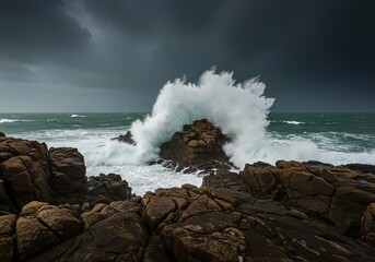 A fierce storm rages over a rugged coastline, with massive waves crashing against ancient, jagged rocks under a dramatic, foreboding sky ,waves ,ocean ,severe