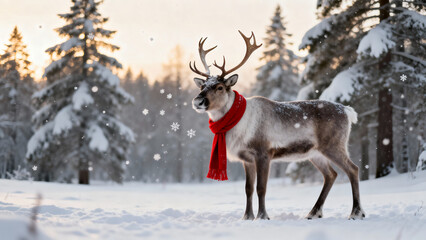 Cute Reindeer Wearing Red Scarf Standing in Snowy Forest &ndash; Christmas Wildlife and Holiday Concept