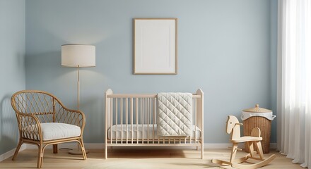 Nursery room interior with crib rocking horse and wicker chair