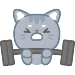 Cartoon grey cat straining to lift heavy barbell workout effort