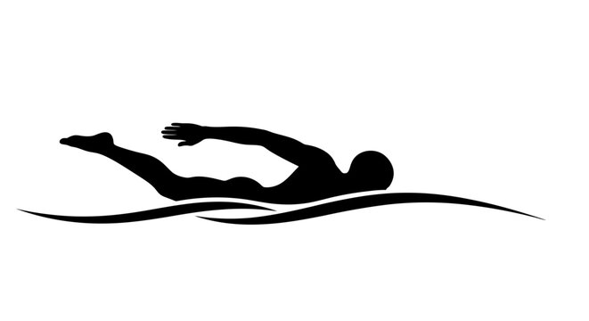 Silhouette of a swimmer in motion depicted in a simple black and white style