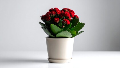 Red flowers bloom brightly in a white pot, leaves lush, set against a neutral background on a shiny surface