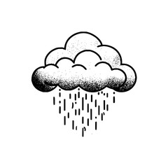 Stylized drawing of a cloud with raindrop shapes falling from it on a white background in black ink