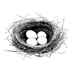 A bird nest made of twigs and grass containing four eggs rendered in black and white illustration style