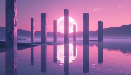 Monoliths stand in water, reflecting, under a purple sky with a full moon, distant mountains in the background