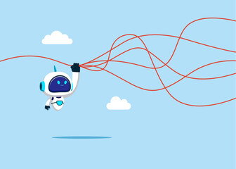 Robot straightens the untied thread line. Simplification, problem solving. Flat vector illustration