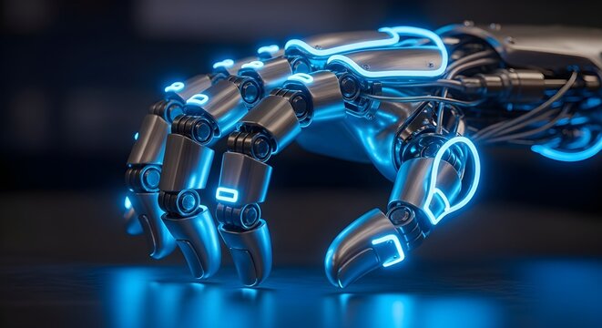Close up of a futuristic robotic hand glowing with blue neon lights in a dark environment symbolizing advanced technology and artificial intelligence