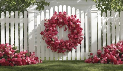 Pink flowers adorn a white picket fence with lush green grass.