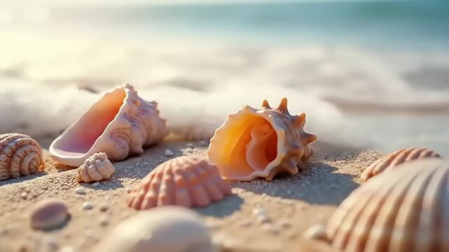 Seashells on sandy beach with ocean waves. (2)