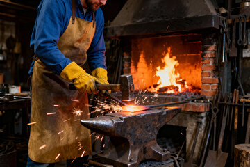 Blacksmith working metal with hammer and anvil in a traditional forge