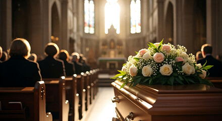 A solemn funeral service is taking place in a church, with a flower-adorned coffin at the front and mourners seated in pews.