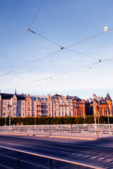 Historic waterfront buildings in Stockholm at sunset