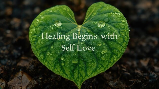 Nurturing self love through nature's healing leaves tranquil environment inspirational quote close-up view - Powered by Adobe