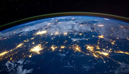 Obraz premium Night lights shine bright on Earth's surface, seen from space, with atmosphere glow and starry background