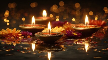 diwali diya lamps lit during diwali hindu festival of lights celebration diwali diya oil lamps holiday background creating a festive and decorative composition