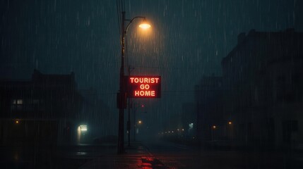 Stormy night message tourist go home sign in abandoned street urban environment emotional viewpoint